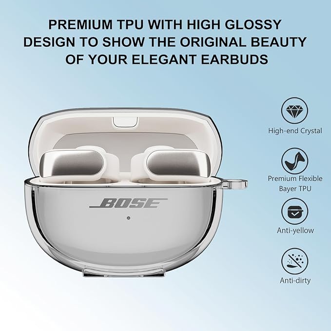 for Bose Ultra Open Earbuds Case Clear 2024,Full Protective Shockproof Soft Transparent TPU Cover for Bose Open Ear Wireless Earbud Headphone Accessories with Carabiner and Cleaning Pen-Black