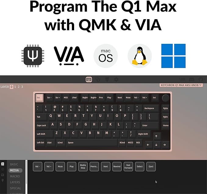 Keychron Q1 Max RGB QMK/VIA Custom Mechanical Keyboard, Hot-Swappable Full Metal Programmable Knob with Gateron Jupiter Brown Switch, 2.4 GHz/Bluetooth/Wired Gaming Keyboard for Mac Windows Linux