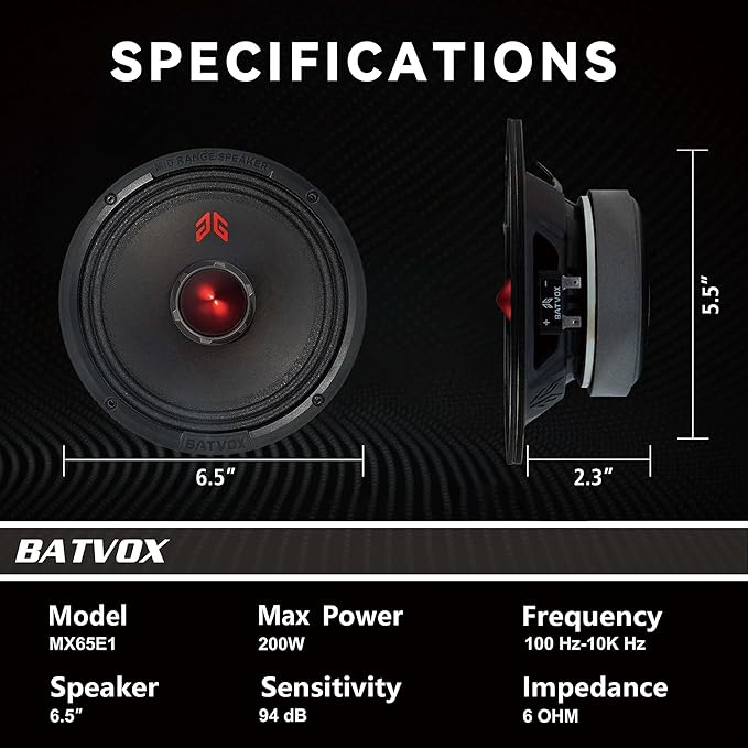 MX65E1 Midrange Loudspeaker 6.5" Red Bullet, 400W Max, 6 Ohms, Premium Quality Audio Door Speakers for Car or Truck Stereo Sound System, Black (2 Speaker)