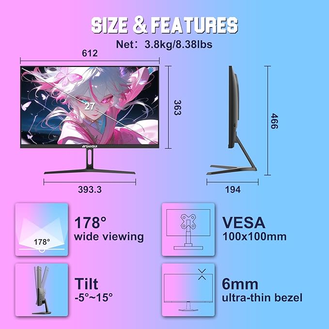 SANSUI 27 Inch WQHD 1440p Gaming Monitor 240hz up to 260hz-Fast IPS 1ms FreeSync Premium 丨DCI-P3 98% 丨sRGB130% 丨HDR10 丨2×DisplayPort 1.4丨2×HDMI2.0 PC Gaming Monitor with Crosshair