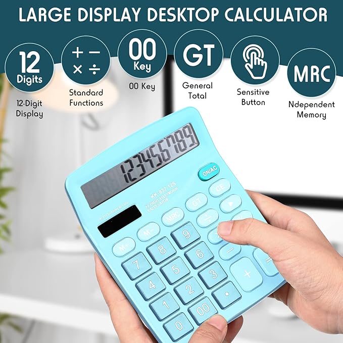Konohan 8 Pieces 12-Digit Calculator, Solar Basic Desktop Calculator Large Display Electronic Dual Power Handheld for Home Office School(Blue)