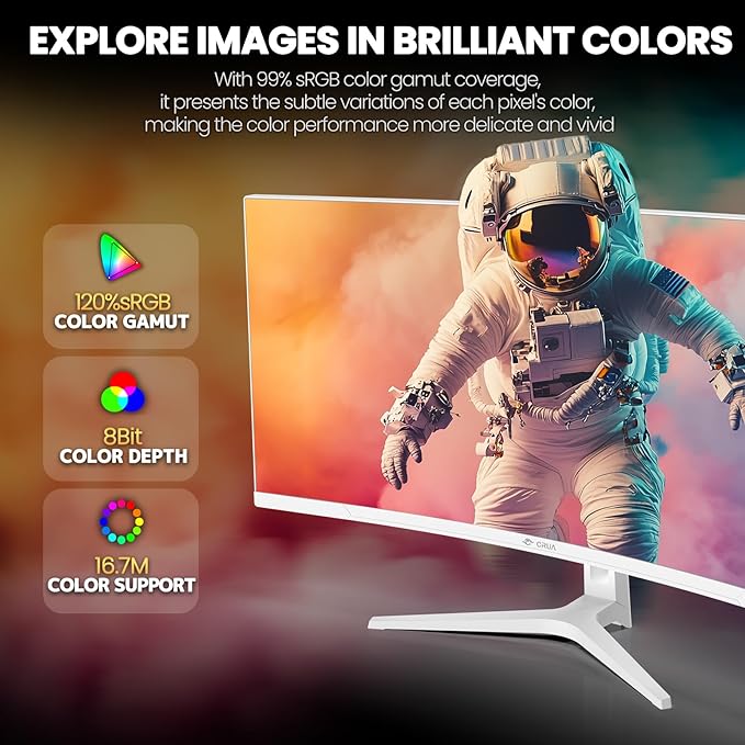 CRUA 34" Curved Gaming Monitor, WQHD 3440x1440, 120Hz Computer Monitors, 1500R VA Screen, 120% sRGB, AMD FreeSync, Blue Light Filter, HDMI 2.0 & DP 1.4, Wall Mountable Installs- White