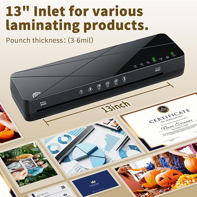 Crenova Laminator Machine 13 inch, Laminating Machine 60s Quick Warm Up Auto Off, Cold Hot Lamination Machine with ABS Jam Free, Laminator for Home Office School, Black