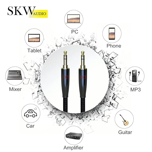 SKW Aux Cable for Car(Hi-Fi Sound),3.5 mm Stereo Audio Cable, 1/8″ Headphone Jack Cord for Home Stereo, iPhone, iPod, IPad, Echo Dot, Sony & More 4.9ft(1.5m)