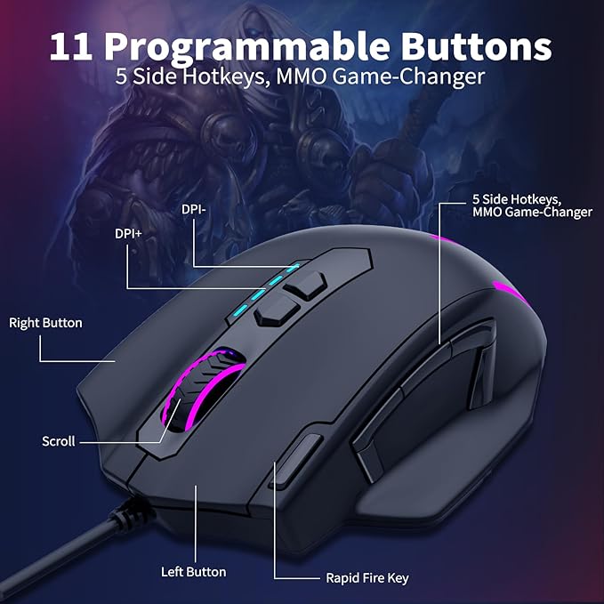 E-YOOSO Wired Large Gaming Mouse, RGB Backlit, 5 Macro Side Buttons, 200-12400 DPI, 11 Programmable Buttons, Rapid Fire Button, Adjustable Weights, Software Supports, Ergonomic for PC/Mac, Black