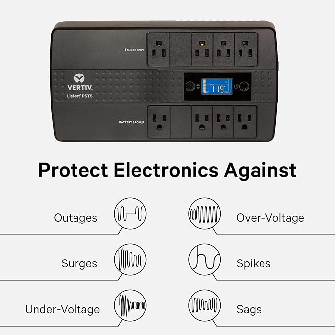 Vertiv Liebert PST5 UPS - 850VA/500W 120V Standby Power, 8 Outlets, Battery Backup with Surge Protection, LCD Screen, Energy Star Certified, 3 Year Warranty, Free Shutdown Software (PST5-850MT120)