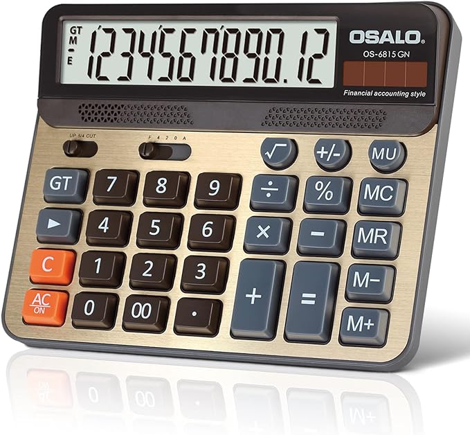 Desktop Calculator Extra Large 5-Inch LCD Display 12-Digit Big Number Accounting Calculator with Giant Response Button, Battery & Solar Powered, Perfect for Office Business Home Daily Use(OS-6815GN)