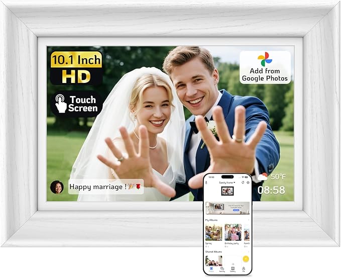 NexFoto Touchscreen Digital Picture Frame 10.1 Inch, WiFi Photo Frame Electronic 64GB, Add Photos from Google Photos, Easy to Share Videos via App/USB/Micro SD, for Mom/Birthday, White Wood