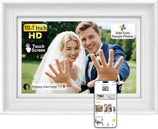NexFoto Touchscreen Digital Picture Frame 10.1 Inch, WiFi Photo Frame Electronic 64GB, Add Photos from Google Photos, Easy to Share Videos via App/USB/Micro SD, for Mom/Birthday, White Wood