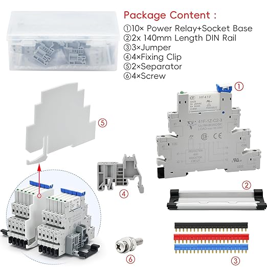 10Pcs Electromechanical Relay Miniature Power Relay 110V/ 120V AC/DC HF41F/60-ZS 1NO 1NC 6A SPDT with LED Indicator, Socket Base, DIN Rail Slotted UL Certification