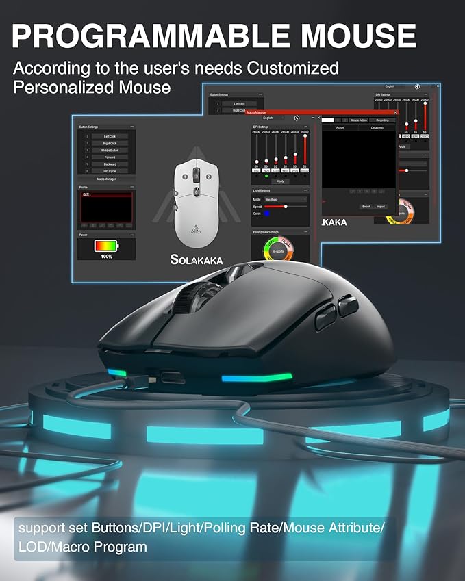 Wireless Gaming Mouse, 26,000 DPI,58g Ultra-Lightweight Tri Mode Type-C Wired/BT/2.4GHz Wireless Mouse,Programmable Buttons,Compatible with PC/Mac/Laptop,Black