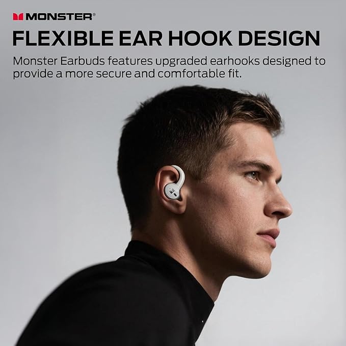 Monster N-Lite 216 Wireless Earbuds, Sports Ear Buds with Earhooks, ENC Noise Cancelling Mic,IPX6 Waterproof. Bluetooth 6.0 Headphones Stereo Bass Ear Buds 48H Playtime with LED Display White