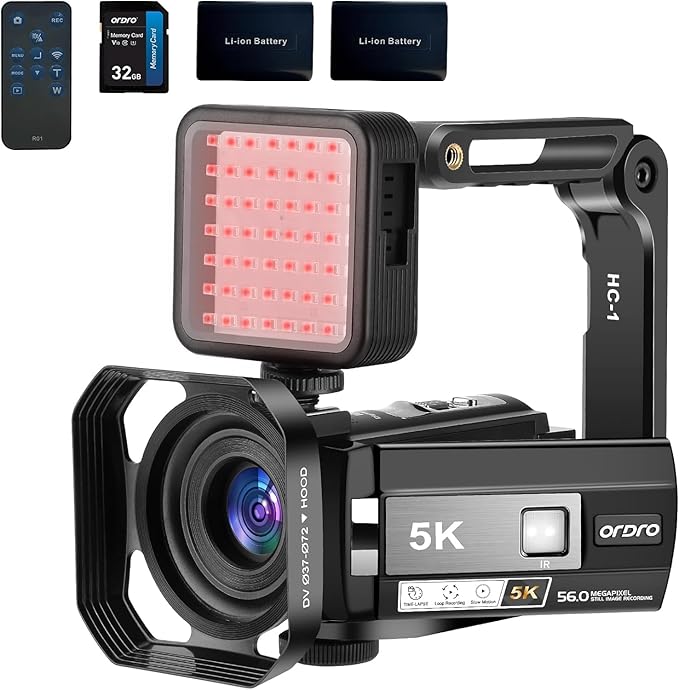 ORDRO 5K Night Vision Camcorder 30MP 24FPS Vlogging Camera 3.0" IPS Touch Screen Digital Camera with IR Light,Remote Control, Handheld Holder,32G Memory Card