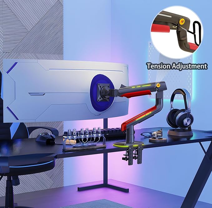 NB Gaming Monitor Arm or for 32 to 60 Inches Screen, Load up to 20 kg, VESA 75/100, RGB-Light, Heavy Duty, Multi Angle Adjustable, Premium Aluminum, Red