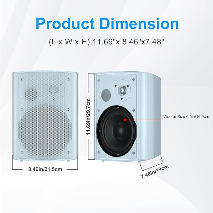 Herdio 6.5 Inches Outdoor Speakers Wired Waterproof Passive,Wall Mount Speakers with 800 Watts Powerful Bass for Home Patio Garden Covered Deck,All-Weather Durability,White(2 Pairs)