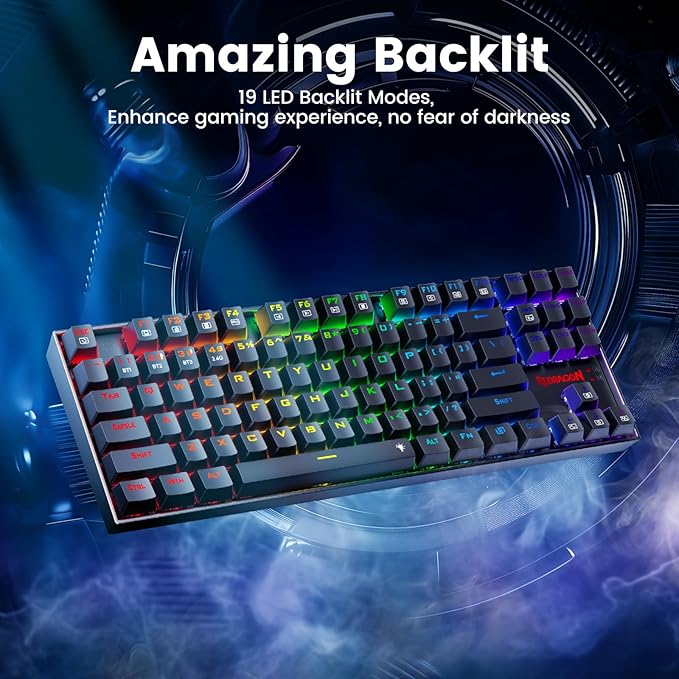 Redragon Wireless Gaming Keyboard, BT/2.4Ghz Tri-Mode Mechanical Keyboard with Aluminum Pannel, Hot-Swap Red Switch, Programmable 87 Keys TKL, LED Rainbow Backlit - K552-KRS