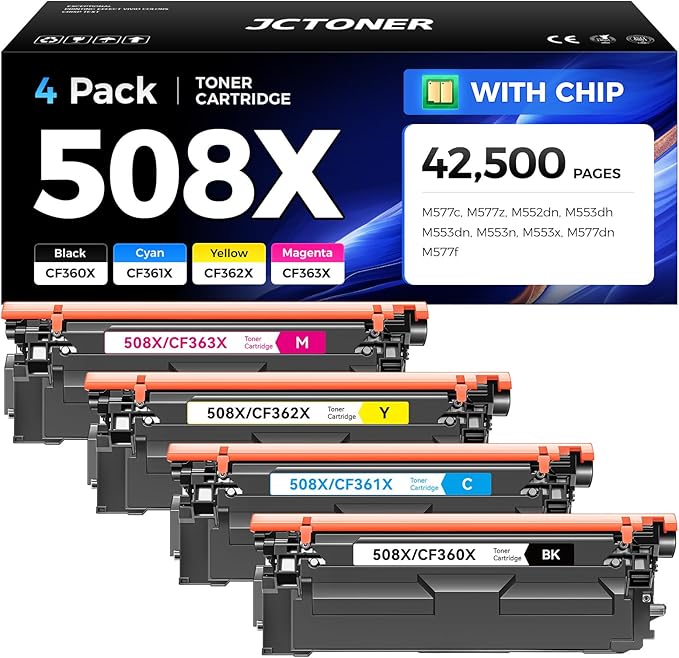 508X Toner Cartridge Set 4-Pack High Yield Replacement for HP 508X 508A CF360X CF361X CF362X CF363X Color Laserjet M552dn M553dh M553dn M553n M553x MFP M577dn M577f M577c M577z Printer Ink Black Copy