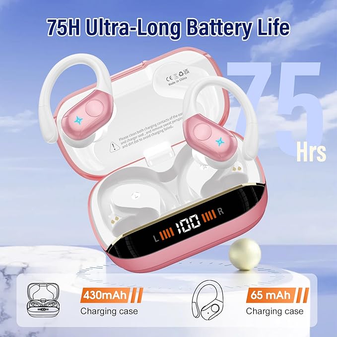 Wireless Earbuds Bluetooth 5.4 Headphones 75H Stereo Deep Bass Sports Over Ear Buds with Earhooks, LED Display Bluetooth Earbuds with 4 ENC Mic, IP7 Waterproof Earphone for Running, Pink