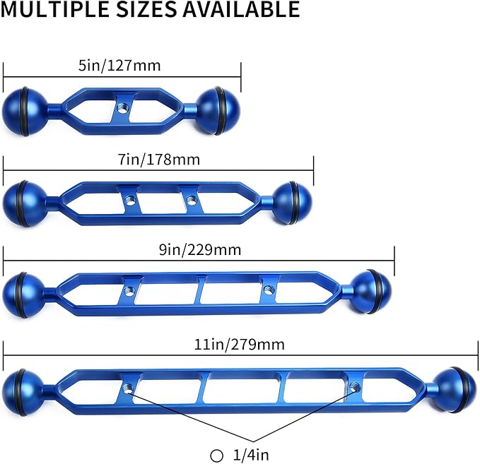 Blue 9" Underwater Aluminum Alloy Extension Arm (2-Pack) - Dual Ball System with 1" Head Connector, Waterproof & Rustproof for Diving Camera Tray/Strobe/Video Light, Scuba Photography Gear
