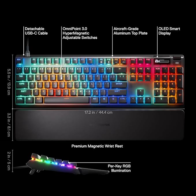 SteelSeries Apex Pro Gen 3 OmniPoint 3.0 HyperMagnetic Switches — Adjustable Actuation — Rapid Trigger — Game-Ready Presets — Protection Mode — Rapid Tap/SOCD — OLED — RGB — PBT Keycaps — USB-C