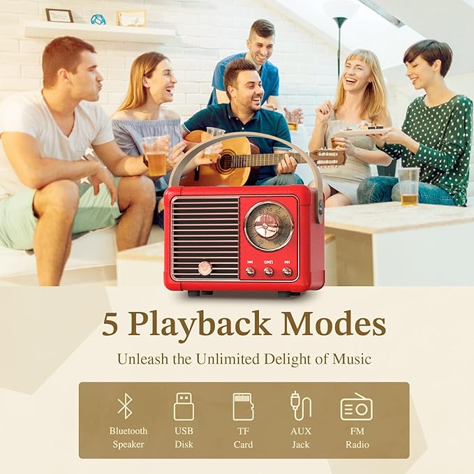 PRUNUS J-999 Retro Bluetooth Speaker,Vintage Decor,Mini Wireless Bluetooth Speaker,Cute Old Fashion Style Support USB/TF Card/AUX for Kitchen Desk Bedroom Office Party Outdoor(Exclusive Red)