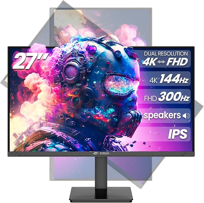 CRUA 27” Gaming Monitor, IPS UHD (3840x2160) Dual Mode (4K 144Hz or FHD 300Hz), 120% sRGB, Support Rotating/Vertical, AMD FreeSync, Built-in Speakers, HDMI 2.1 & DP 1.4, Wall Mount Install-Black