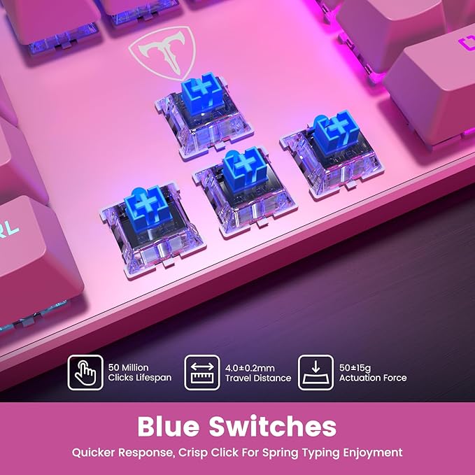 RisoPhy Mechanical Gaming Keyboard, RGB 104-Key Ultra-Slim Backlit USB Wired Keyboard with Blue Switch, Durable ABS Keycap/Anti-Ghosting/Spill-Resistant for PC, Mac, Xbox Gaming, Pink