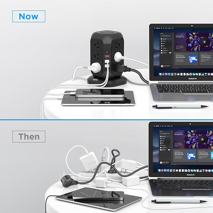 AiJoy Power Strip Tower Surge Protector with 12 AC Outlets, 3 USB-A & 1 USB-C Ports, 10 FT Extension Cord, Charging Station with Overload Protection, for Home Office Dorm Living Room