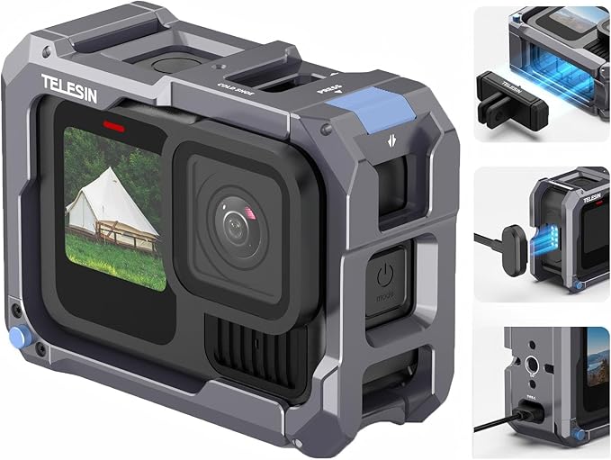 TELESIN Upgraded Aluminum Alloy Cage Frame Housing for Go Pro 13 12 11 10 9 Black, Supports Go Pro 13 Quick-Release System & Magnetic Charging, with 1/4" Thread & Cold Shoe for Video Light Microphone