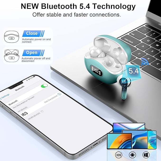 Wireless Earbuds, Bluetooth Headphones 5.4 HiFi Stereo, Ear Buds with 4 ENC Noise Cancelling Mics, 48H Bluetooth Earbuds with Dual LED Display, IP7 Waterproof in Ear Earphones for Android iOS, Cyan