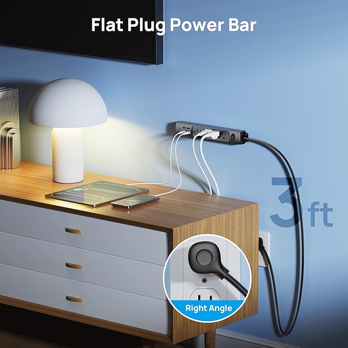 TROND Surge Protector Power Strip with USB, Ultra Thin Flat Plug 3ft Extension Cord 1625W, 3 USB A & 1 USB C, 4 AC Outlets 1440J Surge Protection, ETL Listed, Wall Mount for Home Office Dorm, Black