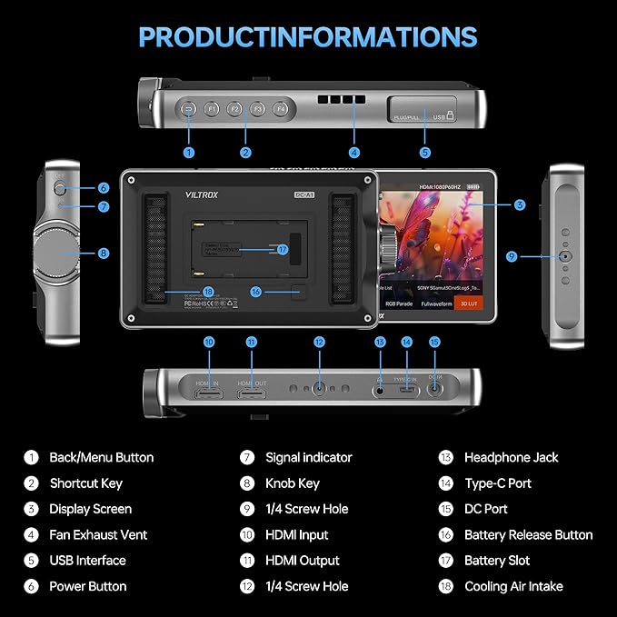 VILTROX DC-A1 2800 Nit Camera Monitor, 7 inch HD 1920x1080 IPS Touch Screen Camera Field Monitor with 4K HDMI 2.0 in/Out, 3D LUT, Focus Peaking, Video Assist, HDR Full Waveform, F550 Battery