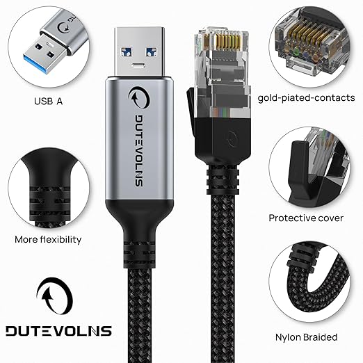 USB to Ethernet Cable 5 FT, USB 3.0 A to RJ45 Male Nylon Adapters, Gigabit Directly Connected, Compatible for Laptop, Desktop PC, Switch, Windows 10 and Windows 11