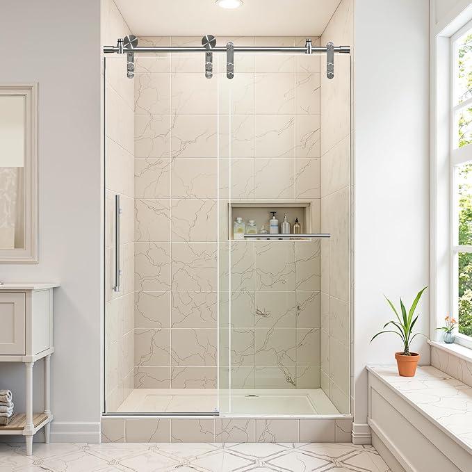 44-48" W x 76" H Frameless Shower Door Bathroom Sliding Shower Door 5/16"(8mm) Thick Tempered Glass Shower Door with Double Stainless Steel Handles for Walk-in Shower, Brushed Silver