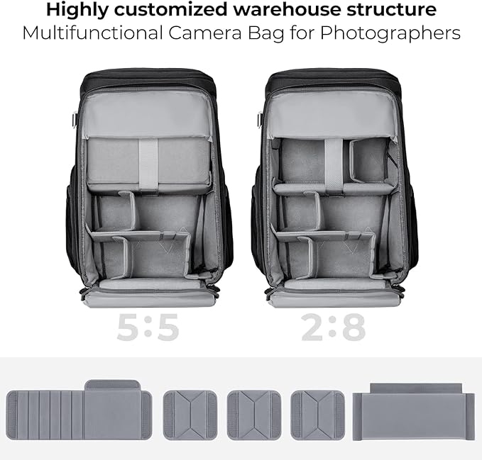 K&F Concept Camera bags Waterproof 25L Large Capacity Camera Case with Raincover Camera Case 15.6 Inch Laptop Compartment Compatible with Canon/Nikon/Sony/DJI Mavic Drone Travel Camera Backpack
