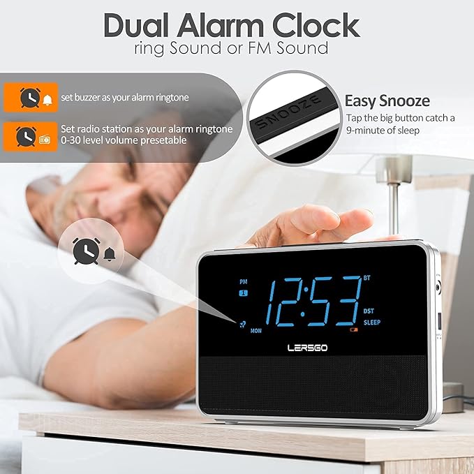 Alarm Clock Radio Bluetooth V5.2 Speaker with HD Sound and Bass,Blue Display with auto Dimmer,Snooze,Sleep Timer,Adjustable Volume,5V1A USB Charging Port
