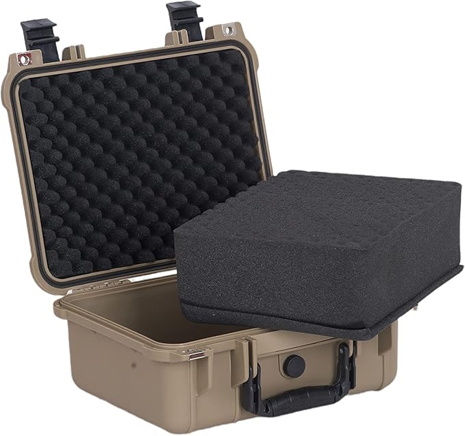 MEIJIA Portable All Weather Waterproof Protective Case,Hard Case,Camera Case With Customized Fit Foam,Fit Use of Drones,Camera,Equipments,Pistols,13.35 x11.63x5.98inches (Desert Tan)