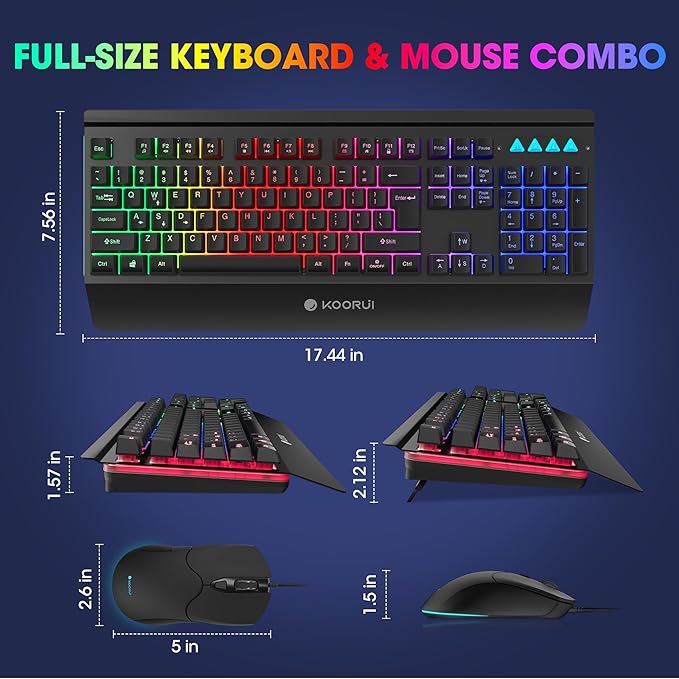 KOORUI Wired 104 Keys Gaming Keyboard and Mouse Combo,Rainbow Backlit Quiet Computer Keyboard, Light Up Keyboard with All-Metal Panels & 3200 DPI Mouse for Window PC Gamers-Black