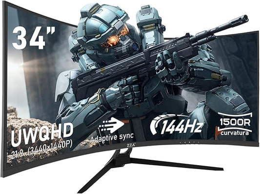 ZZA 34 Inch Monitor Curved Ultrawide,34 Inch Gaming Curved Monitor R1500 144hz Refresh WQHD 3440x1440,Computer Monitors 1ms, FreeSync & G-Sync,HDR10,122% sRGB,VESA