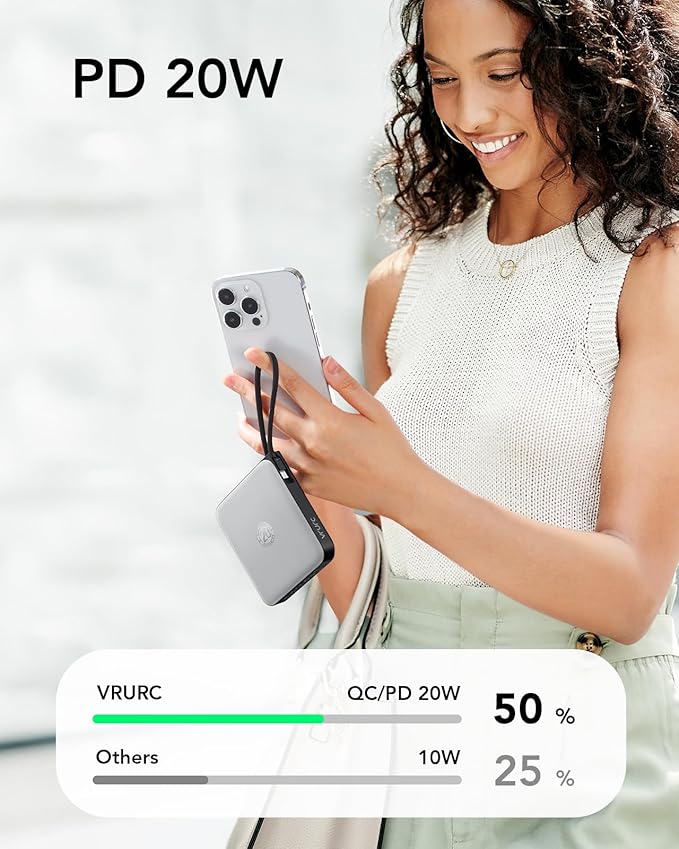 VRURC Portable Phone Charger 4 Built-in Cables, Fast Charging PD 20W Power Bank 10000mAh, USB C Mini Battery Pack for iPhone 16 15 14 Samsung Galaxy S23 Google Android Cell Phones(1 Pack)