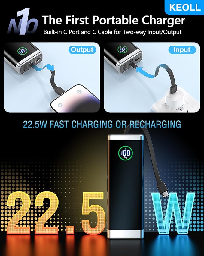 Portable Charger 25800mAh Power Bank, 22.5w Fast Charging Battery Pack, LED Display USB C Backup Battery, Slim Portable Phone Charger for iPhone 15/14/13 Pro Samsung Galaxy iPad AirPods