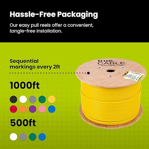 TRUE CABLE Cat6 Shielded Riser (CMR) Bulk Ethernet Cable, 1000ft, Yellow, 23AWG Solid Bare Copper, 550MHz, Overall Aluminum Foil Shield (F/UTP), PoE++ 100W, ETL Listed