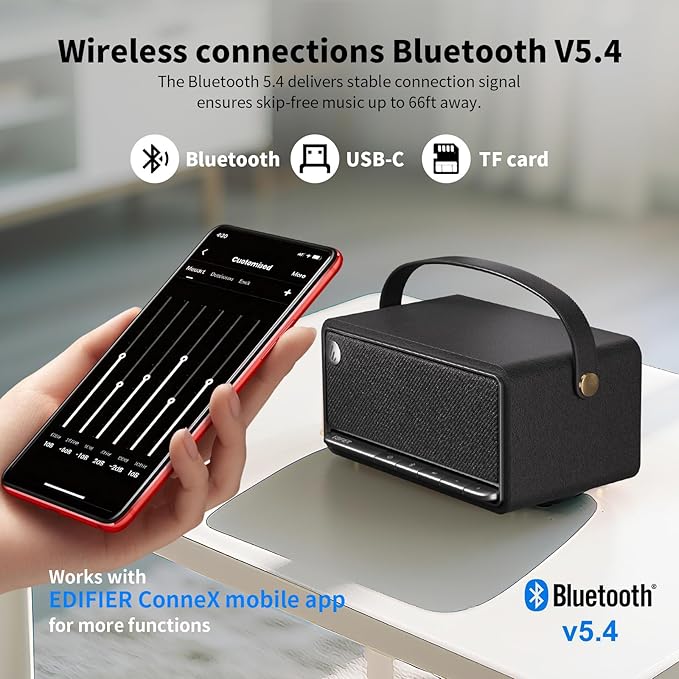 Edifier Retro Wood Bluetooth Speaker, Wireless Portable Speakers with 40W Hi-Res Audio, Stereo Pairing ConneX App, USB and TF Card Black