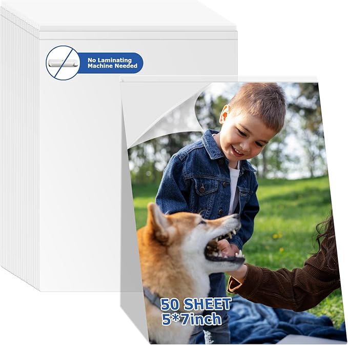 DLUGOPIS 50 Sheets Self Seal Laminating Pouches 5x7 Self Adhesive Laminating Sheet No Heat No Laminating Machine Needed for Photos Index Cards