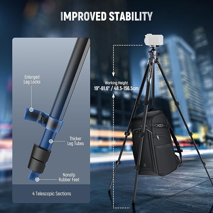 NEEWER LITETRIP LT07 61" Aluminum Travel Camera Tripod, Portable Stand with Ball Head Dual Axis Cell Phone Holder Arca QR Plate Compatible with iPhone Peak Design V3 for Video Recording, Max Load 22lb