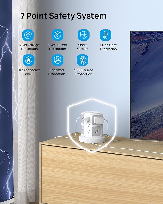 TROND Tower Surge Protector Power Strip, 10 ft Ultra Thin Flat Plug Extension Cord, 14 Widely Spaced Outlets and 4 USB Ports (2 USB-C), 2100J, Overload Protection for Home Office Desk, Dorm Essentials