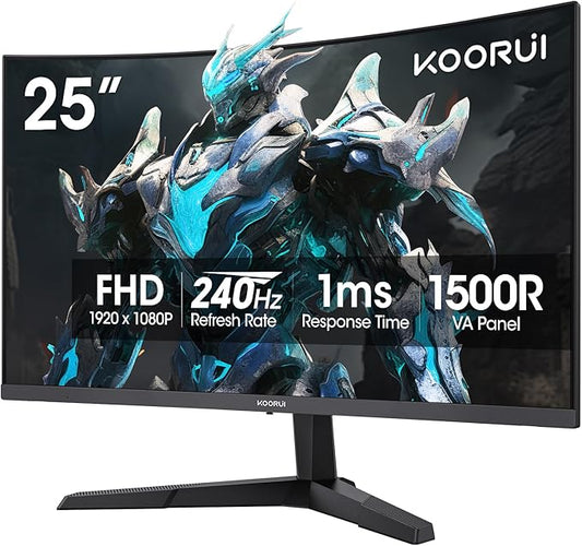 KOORUI 25 Inch Curved Gaming Monitor 240Hz FHD 1080P Computer Monitor, 1500R 1ms GTG Display, Adaptive Sync, 90% DCI-P3,HDR, Eye Care, Tilt Adjustable, VESA 75x75mm, Black,G2511XC
