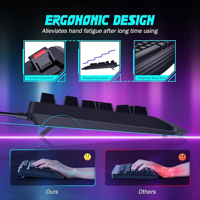 Gaming Keyboard, 7-Color Rainbow LED Backlit, 104 Keys Quiet Light Up Keyboard, Wrist Rest, Whisper Silent, Anti-ghosting Multimedia Keys, Waterproof USB Wired Keyboard for PC Mac Xbox