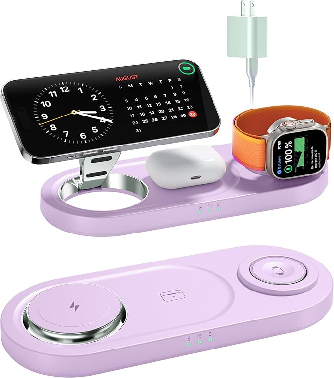 Upgraded 3 in 1 Wireless Charging Station for Apple Devices, Faster Mag-Safe Charger Stand, Magnetic Charger Station for iPhone 17/16/15/14/13/12 Series & AirPods Pro & Apple Watch Series (Purple)