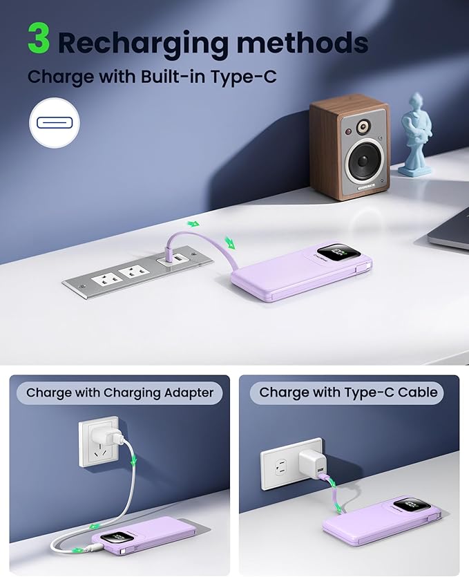 Portable Charger Power Bank with Built-in Cables, 22.5W Fast Charging 10000mAh Phone Charger, Travel Battery Pack Slim Battery Bank with Smart LED Display for iPhone, Android & USB-C Devices (Purple)